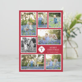 Red and White Monogram Seven Photo Helgdag Card Julkort