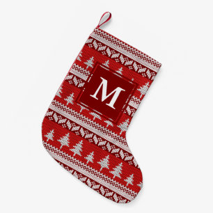 Red and White Nordic Alpine Fir Träd Monogram Liten Julstrumpa