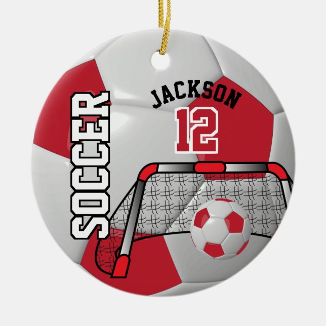 ⚽ Red and White Personalize Fotbol Julgransprydnad Keramik (Framsidan)