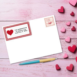 Red and White Plaid Gingham Valentine Heart Adressetikett