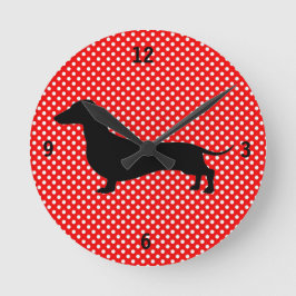 Red and White Polka Dot Dachshund Wall Clock Rund Klocka