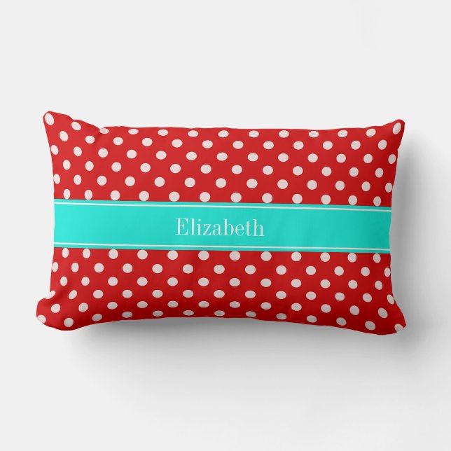 Red and White Polka dots Brt Aqua Namn Monogram Lumbarkudde (Framsida)
