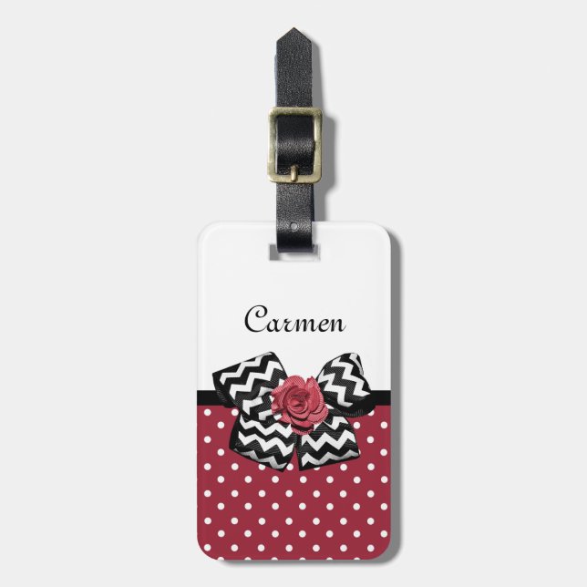 Red and White Polka dots Cute Ro Chevron Bow Bagagebricka (Vertikal Framsida)