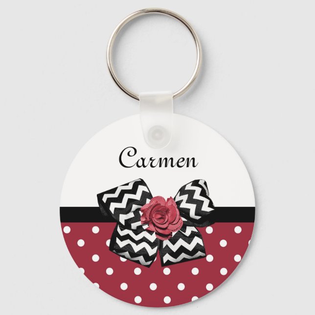 Red and White Polka dots Cute Ro Chevron Bow Nyckelring (Framsida)