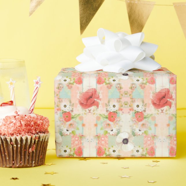 Red and White Poppy Vintage Presentpapper (Födelsedagsfest)