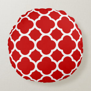 Red and White Quatrefoil Mönster Rund Kudde