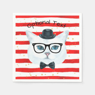 Red and White Rand Nerdy Cat Papper Napkins Pappersservett