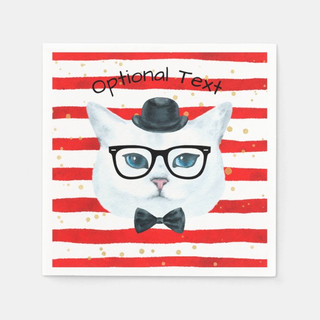 Red and White Rand Nerdy Cat Papper Napkins Pappersservett (Framsidan)