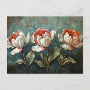 Red and White Rand Tulips Botanical Oljemålning Vykort
