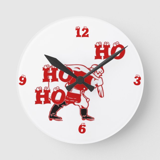 Red and White Santa Walking Ho Ho Art Print Rund Klocka (Framsida)