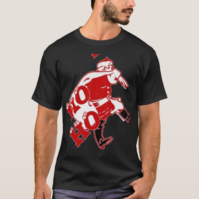 Red and White Santa Walking Ho Ho Art Print T-shirt (Framsida)