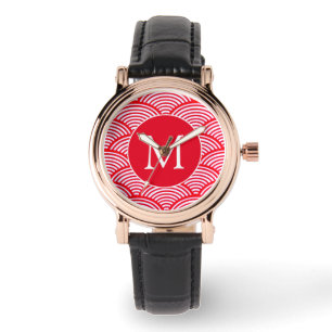 Red and White Scallop Mönster Monogram Armbandsur
