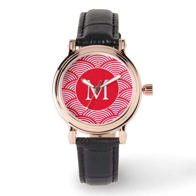 Red and White Scallop Mönster Monogram Armbandsur (Framsida)