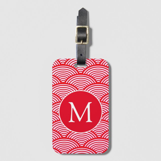 Red and White Scallop Mönster Monogram Bagagebricka (Framsida vertikal)