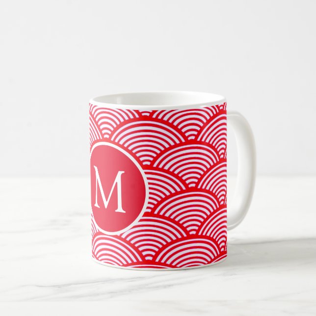 Red and White Scallop Mönster Monogram Kaffemugg (Framsida höger)