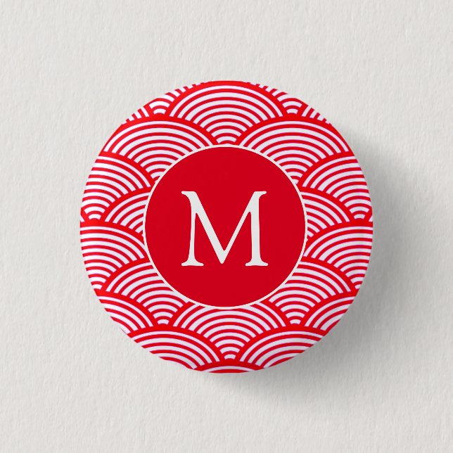 Red and White Scallop Mönster Monogram Knapp (Framsida)