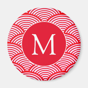 Red and White Scallop Mönster Monogram Magnet