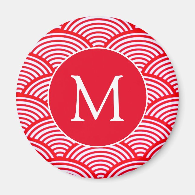 Red and White Scallop Mönster Monogram Magnet (Framsidan)