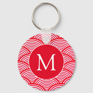 Red and White Scallop Mönster Monogram Nyckelring