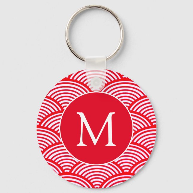 Red and White Scallop Mönster Monogram Nyckelring (Framsida)