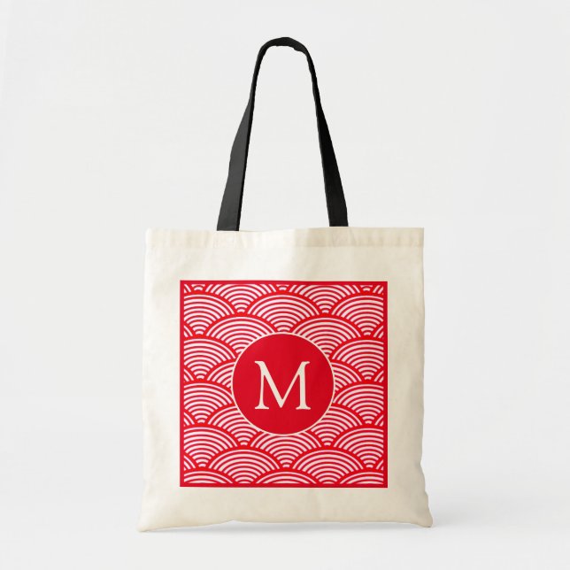 Red and White Scallop Mönster Monogram Tygkasse (Framsidan)