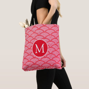 Red and White Scallop Mönster Monogram Tygkasse