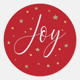 Red and White Script Joy Guld Glitter Shiny Stars Runt Klistermärke