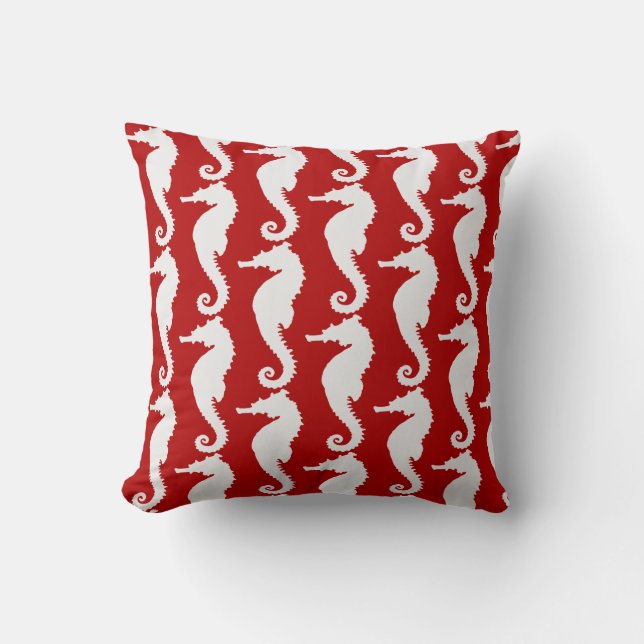 Red and White Seahorse Nautical Beach Bassäng Kudde (Framsida)