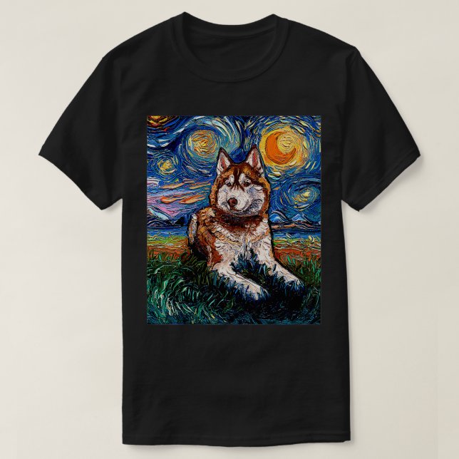 Red and White Siberian husky Starry Night Hund Art T Shirt (Design framsida)