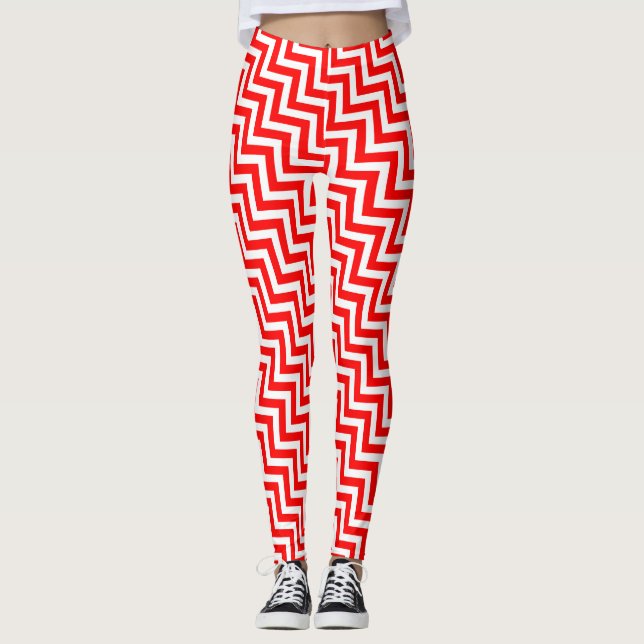 Red and White Small Storlek Diagonal Chevron Leggings (Framsida)