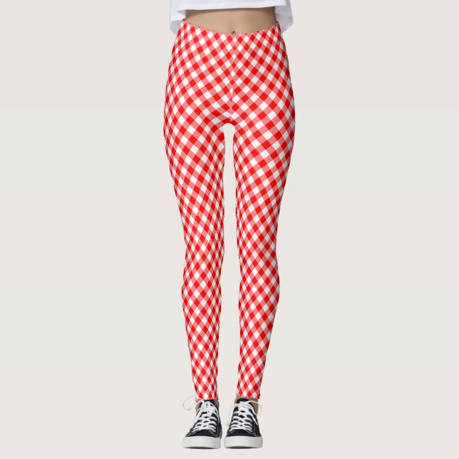 Red and White Small Storlek Diagonal Gingham Check Leggings (Framsida)