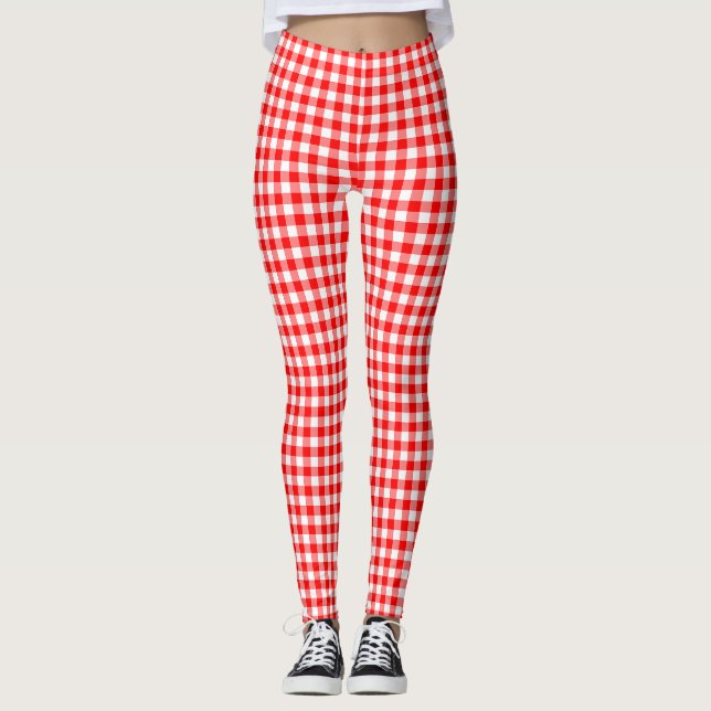 Red and White Small Storlek Gingham Checks Leggings (Framsida)