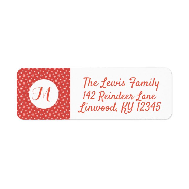 Red and White Snöflingor Monogrammed Returadress Etikett (Framsidan)