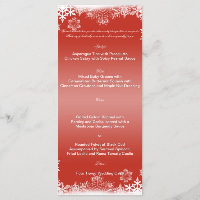 Red and White Snowflake Bröllop Menu Meny (Framsida)