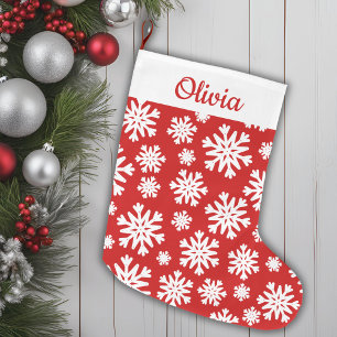 Red and White Snowflake Classic Personlig Stor Julstrumpa