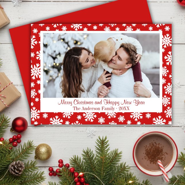 Red and White Snowflake-julfoto Julkort (Red And White Snowflake Christmas Photo Holiday Card)
