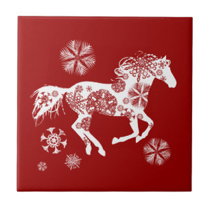 Red and White Snowflake julhorn Kakelplatta
