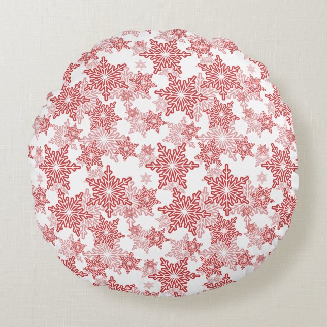 Red and White Snowflake Seamless Mönster Rund Kudde (Framsidan)