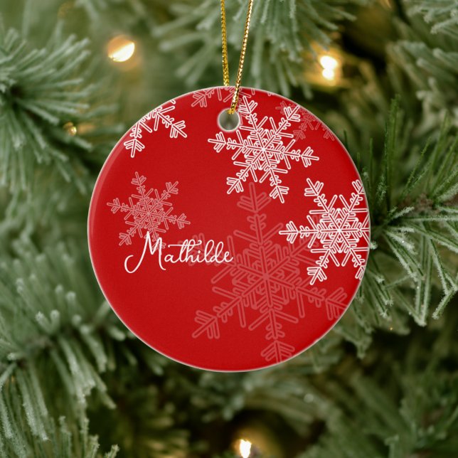 Red and White Snowflakes Minimalist Christmas Name Julgransprydnad Keramik (Träd)