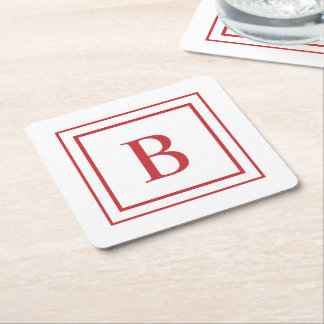 Red And White Square Border Monogram Underlägg Papper Kvadrat