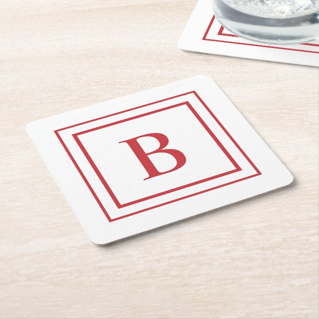 Red And White Square Border Monogram  Underlägg Papper Kvadrat (Vinklad)