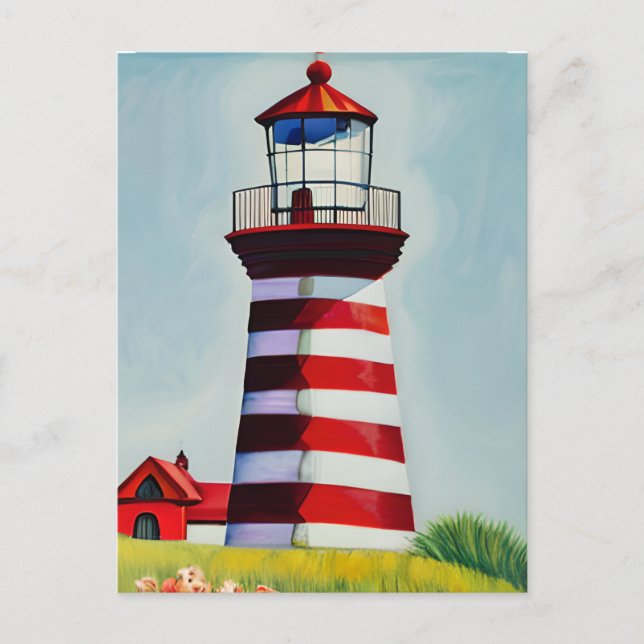 Red and White Stripe Lighthouse AI Art Vykort (Framsida)