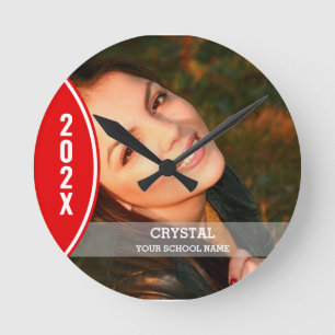 Red and White Studenten Photo Round Clock Rund Klocka
