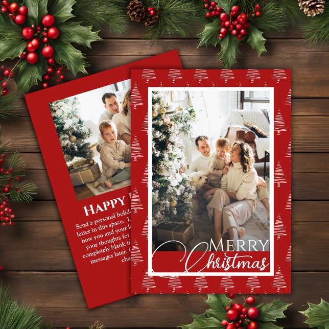Red and White Träd Mönster Photo-jul Julkort (Red And White Tree Pattern Photo Christmas Holiday Card)