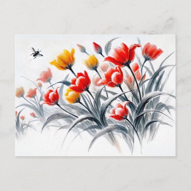 Red and White Tulips Asian Bläck Painting Helg Vykort (Framsida)