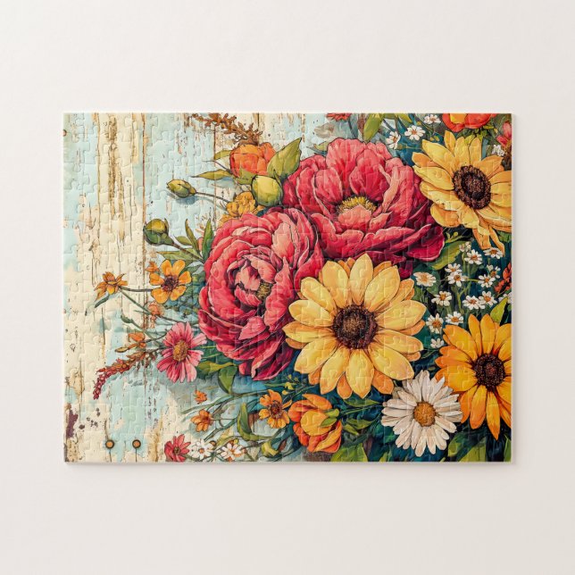 Red and Yellow Garden Flowers on Wood Pussel (Horisontell)