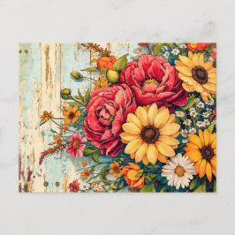 Red and Yellow Garden Flowers on Wood Vykort