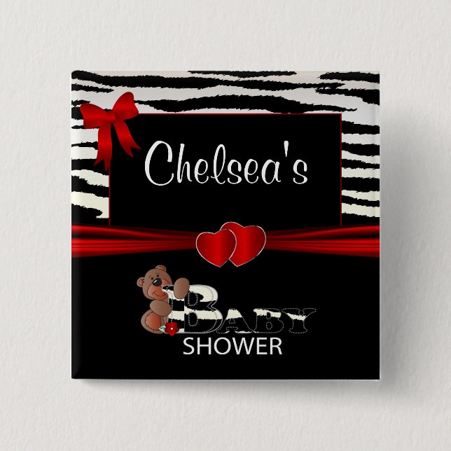 Red and Zebra ränder Baby Shower Knapp (Framsida)