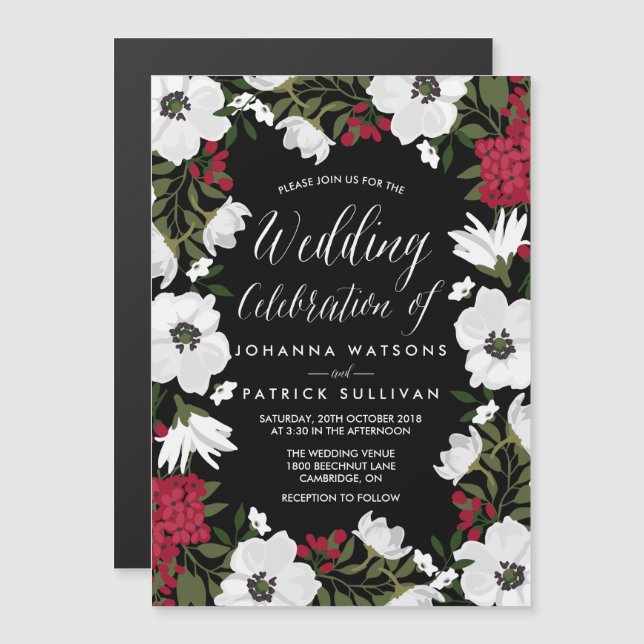 Red Anemone Blooms Magnetic Wedding Investigation Magnetisk Inbjudningskort (Fram/baksida)