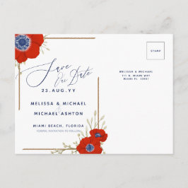 Red Anemone Nautical Navy + Anchor Save Date A Meddelande Vykort